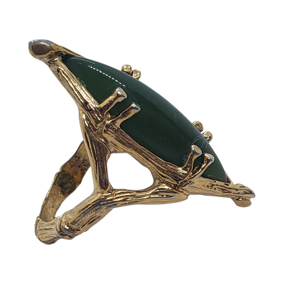 Vintage 1970s Nephrite Jade Marquise Ring Gold Plate Bamboo Branch sz 6.75 - Picture 7 of 13